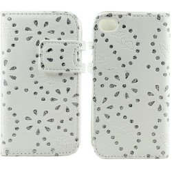 iPhone 4S 4 Diamond Flip Leather Wallet Case (White)